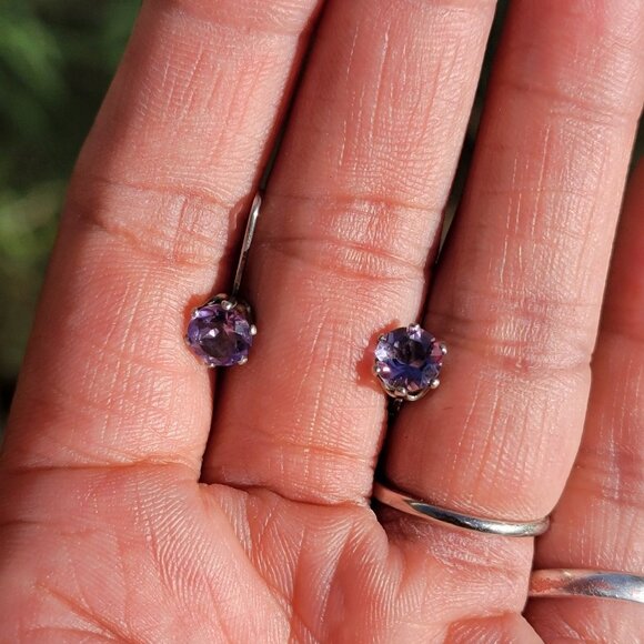Vintage 925 sterling silver amethyst leverback drop earrings - Picture 7 of 16